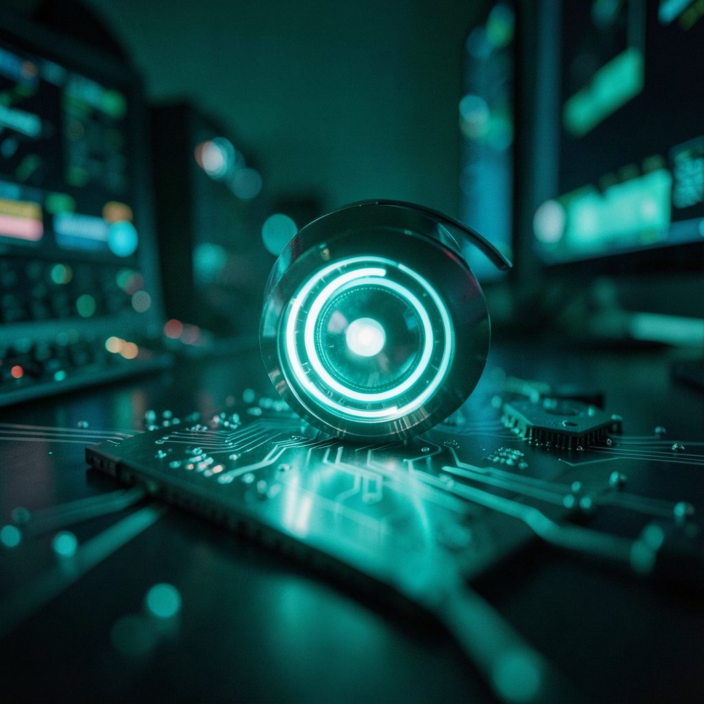Audio editing equipment and headphones on a desk in a dimly lit studio, deep navy and warm amber tones