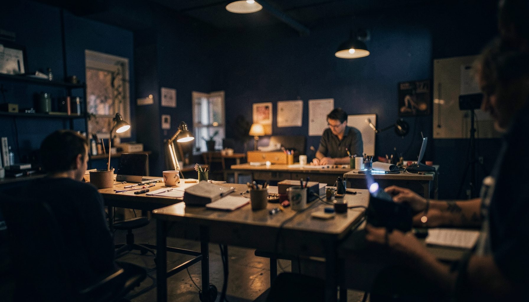 Warm cinematic glow over a collaborative workshop space with deep navy and amber tones